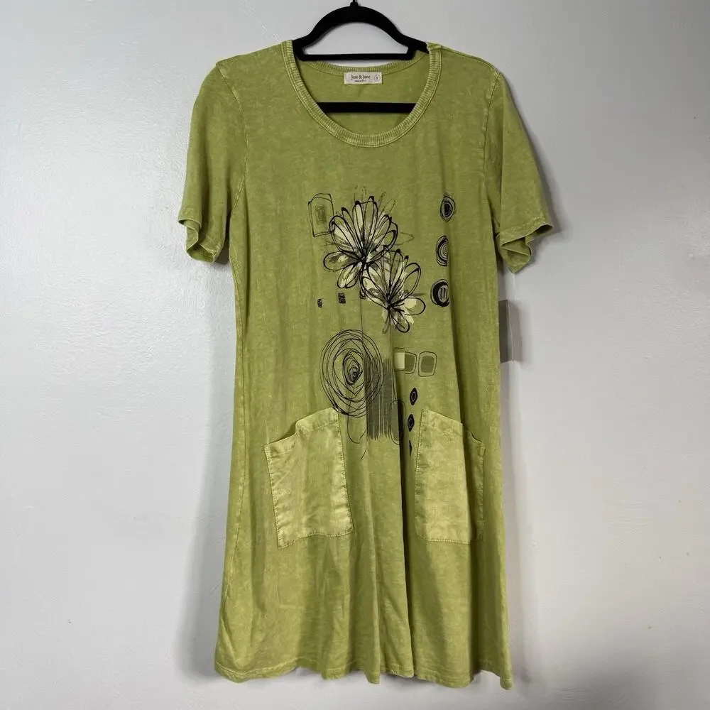 Jess & Jane Green Abstract Floral Cotton Dress Pockets Size Small USA Boho Artsy - Picture 5 of 9